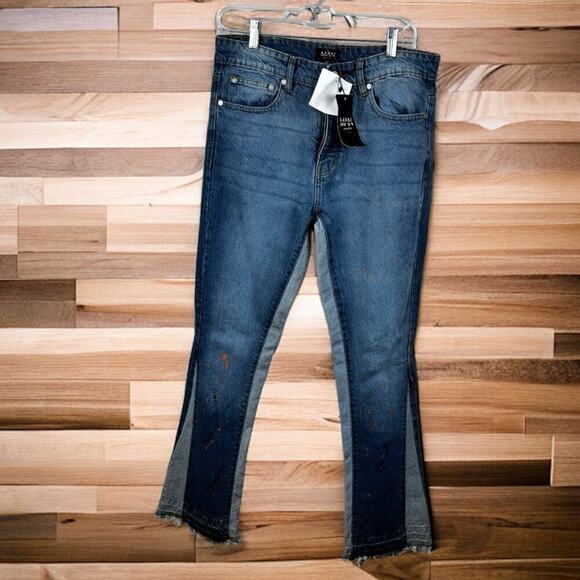 Boohoo Man Womens 32 Boho Flare Leg Paint Splatter blue Jeans denim new pants - Picture 1 of 7
